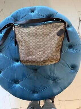 Coach Brown Signature Canvas Shoulder Bag with Dark Trim